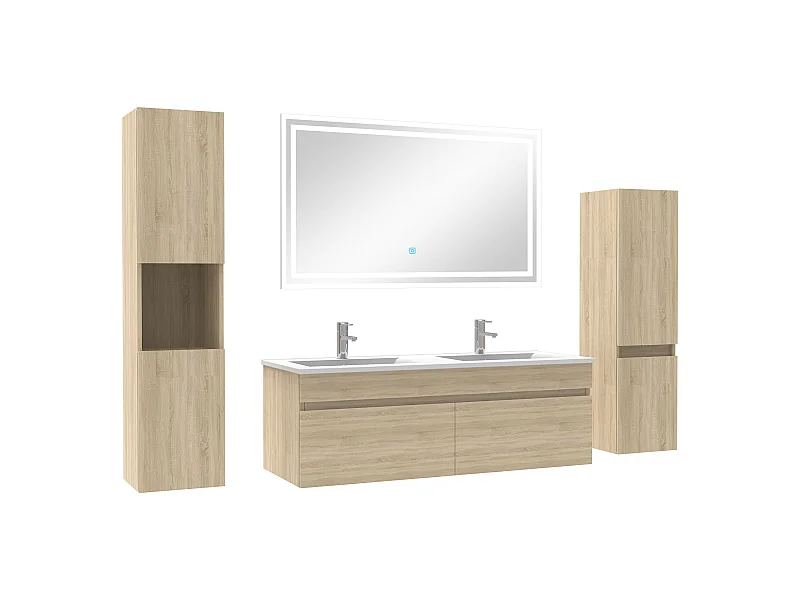Meuble Salle de Bain Chêne Wotan 120cm double vasque + colonne + miroir LED