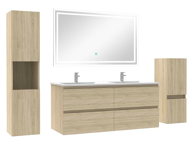 Ensemble meubles Salle de Bain 120cm vasque et colonnex2 et miroir Chêne Wotan