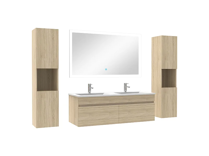 Ensemble meuble de salle de bain 120cm double vasque + colonne de rangement + miroir lumineux Chêne Wotan