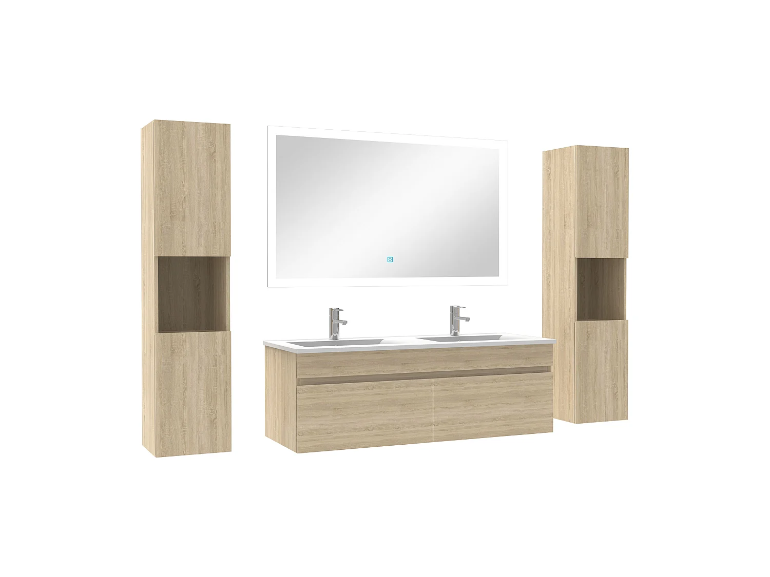 Ensemble meuble de salle de bain 120cm double vasque + colonne de rangement + miroir lumineux Chêne Wotan