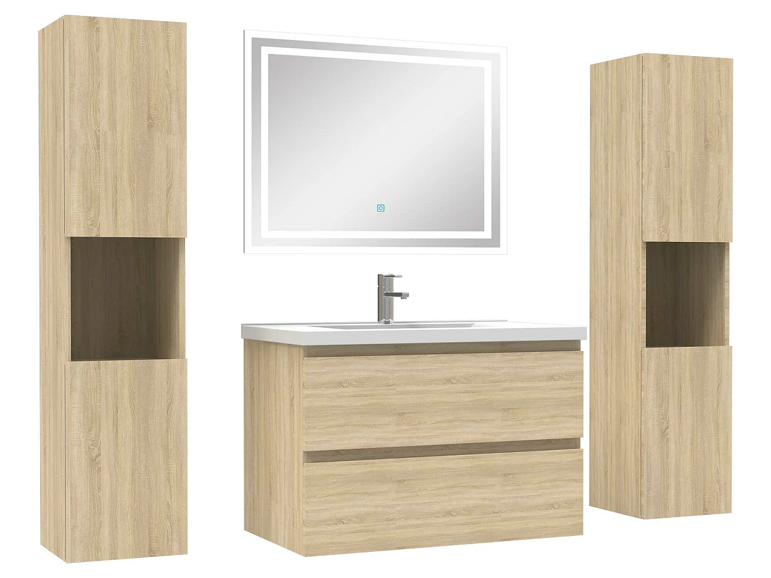 Ensemble meubles Salle de Bain 80cm avec colonne + miroir lumineux Chêne Wotan