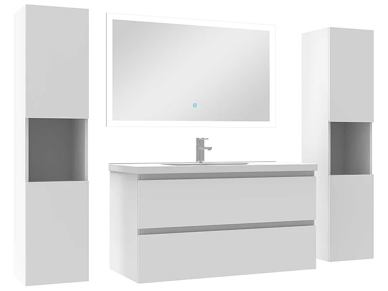 Ensemble meubles Salle de Bain 100cm vasque et colonnex2 et LED miroir Blanc