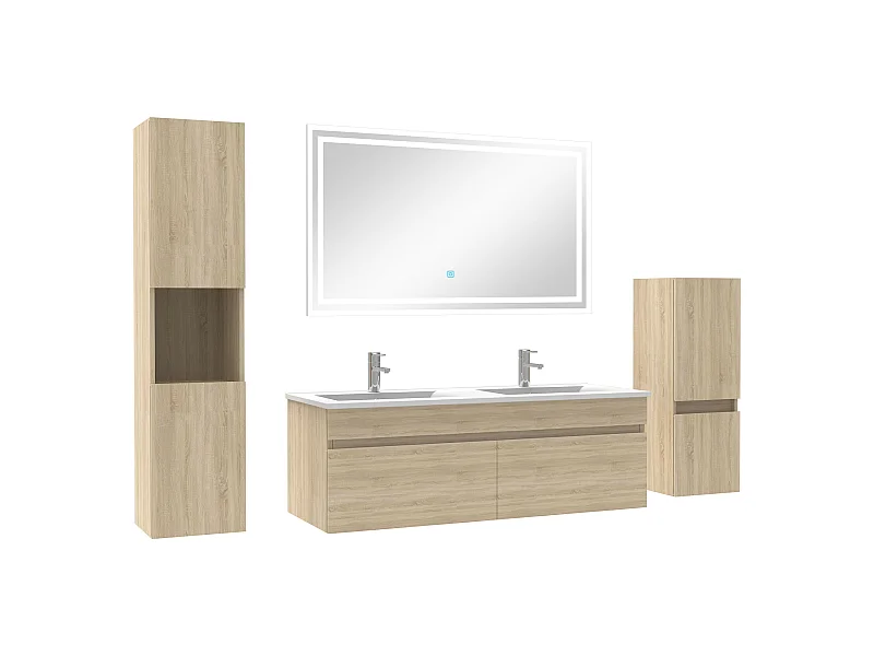 Meubles simple vasque 120cm，meuble avec colonne et miroir Chêne Wotan