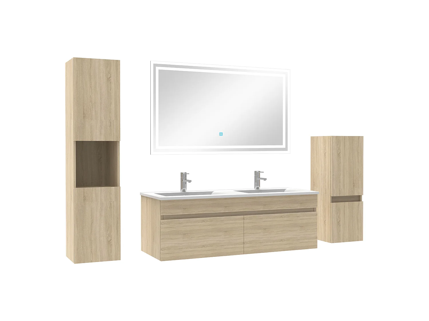 Meubles simple vasque 120cm，meuble avec colonne et miroir Chêne Wotan