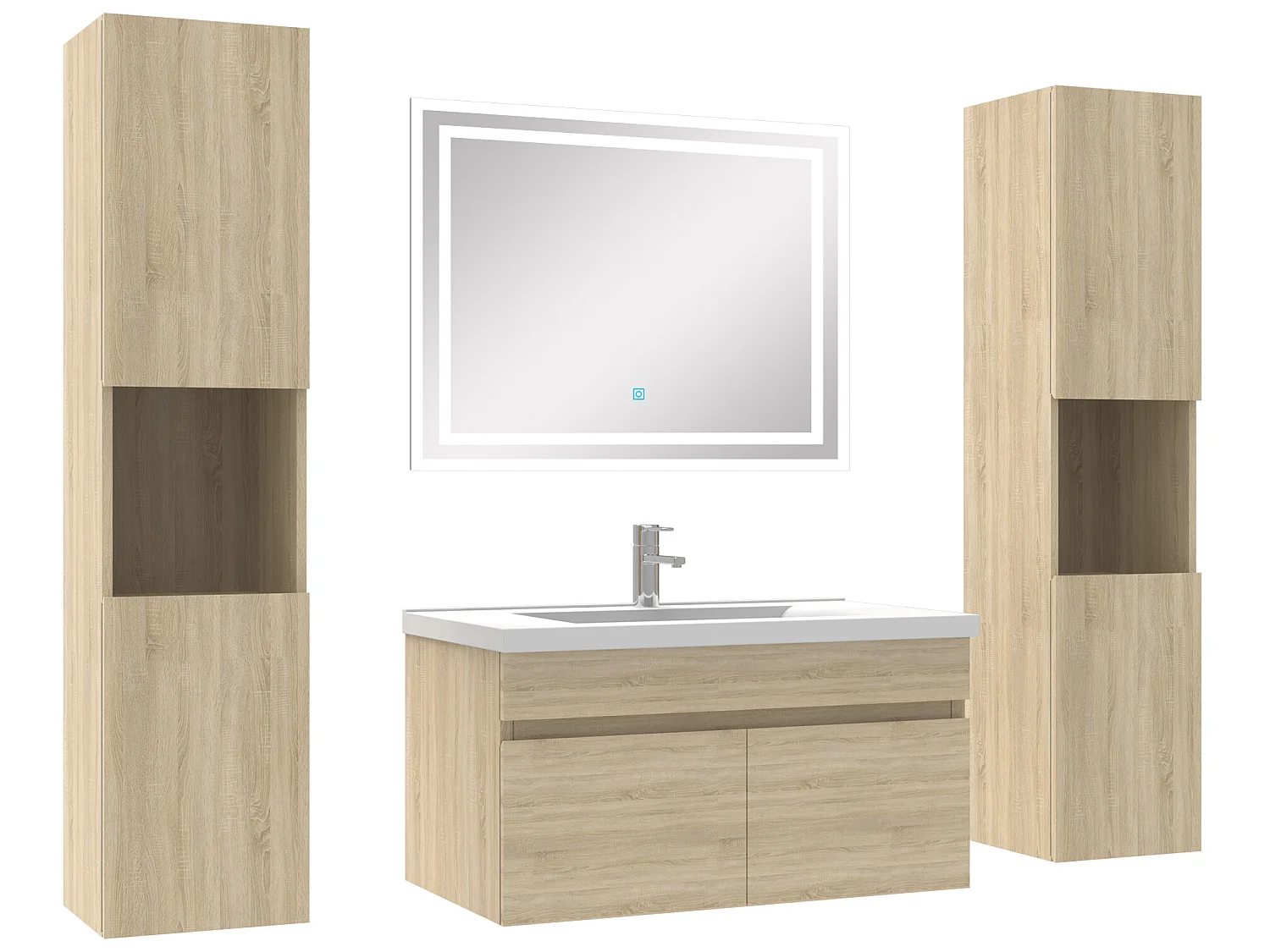 Ensemble meubles Salle de Bain simple vasque 80cm, colonnex2 et miroir Chêne Wotan