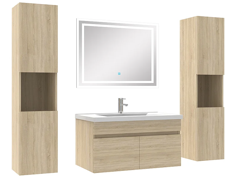 Ensemble meubles Salle de Bain simple vasque 80cm, colonnex2 et miroir Chêne Wotan