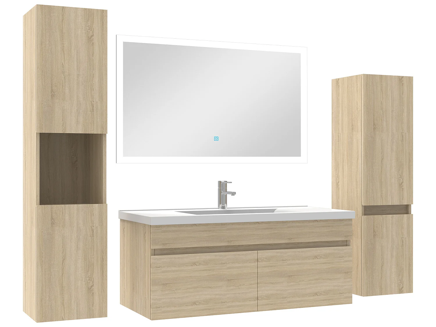 Ensemble meuble vasque 100cm + colonne de rangement + miroir lumineux Chêne Wotan