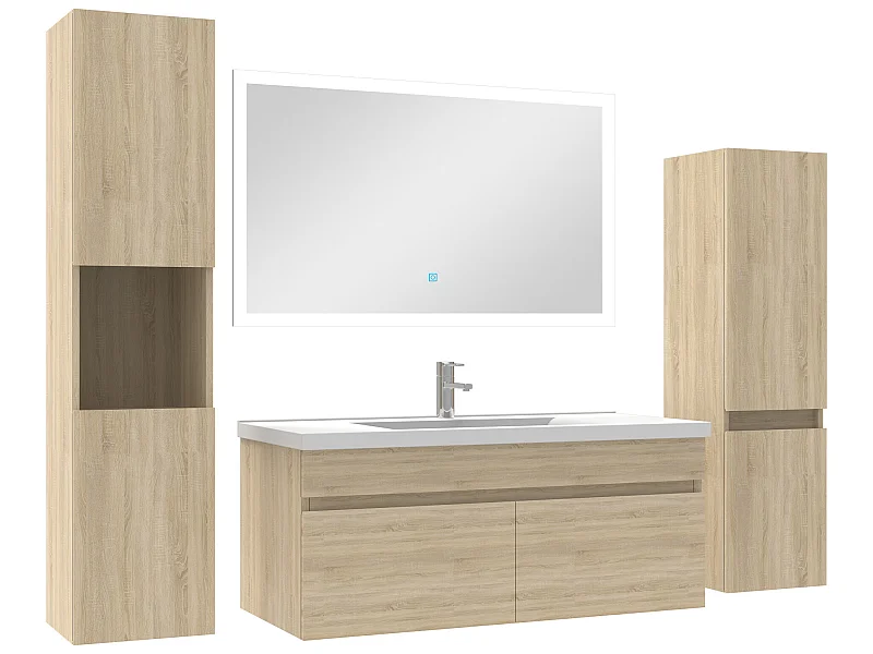 Ensemble meuble vasque 100cm + colonne de rangement + miroir lumineux Chêne Wotan