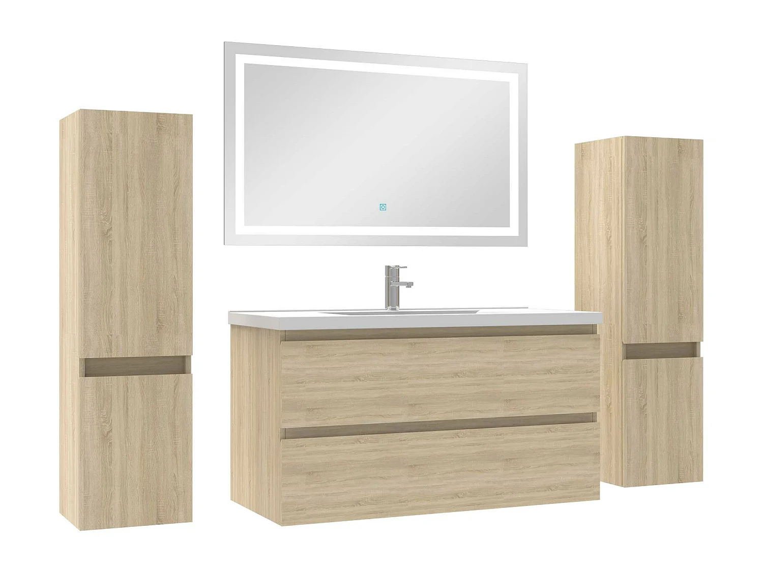 Ensemble meubles Salle de Bain 100cm simple vasque + colonne + miroir lumineux Chêne Wotan