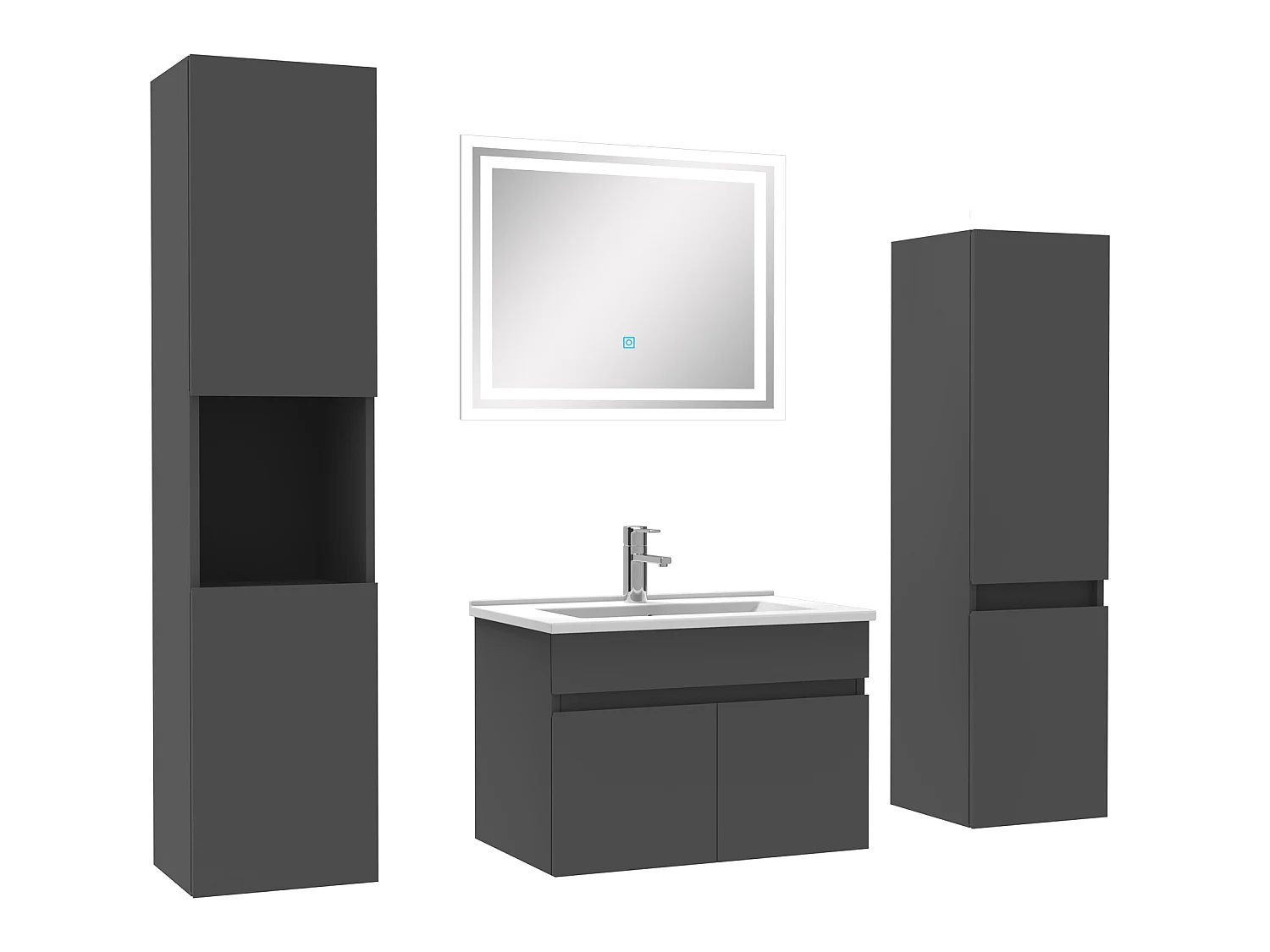 Meuble Salle de Bain Anthracite 60cm simple vasque + colonne + miroir LED