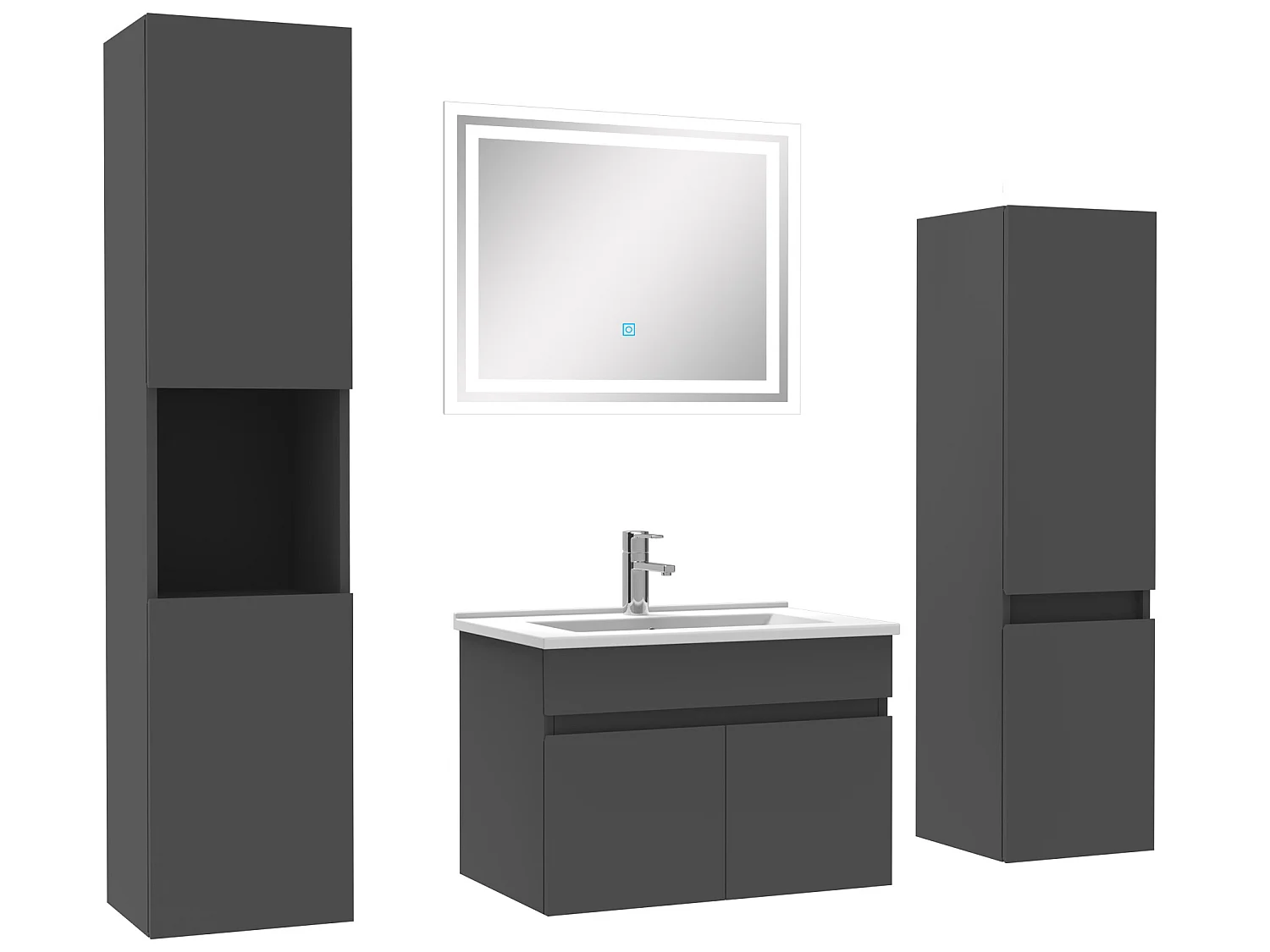 Meuble Salle de Bain Anthracite 60cm simple vasque + colonne + miroir LED