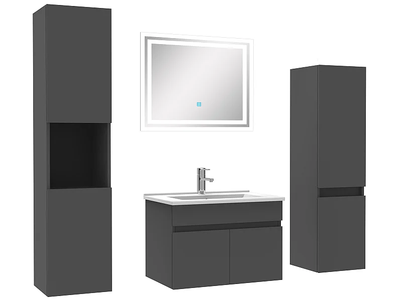 Meuble Salle de Bain Anthracite 60cm simple vasque + colonne + miroir LED
