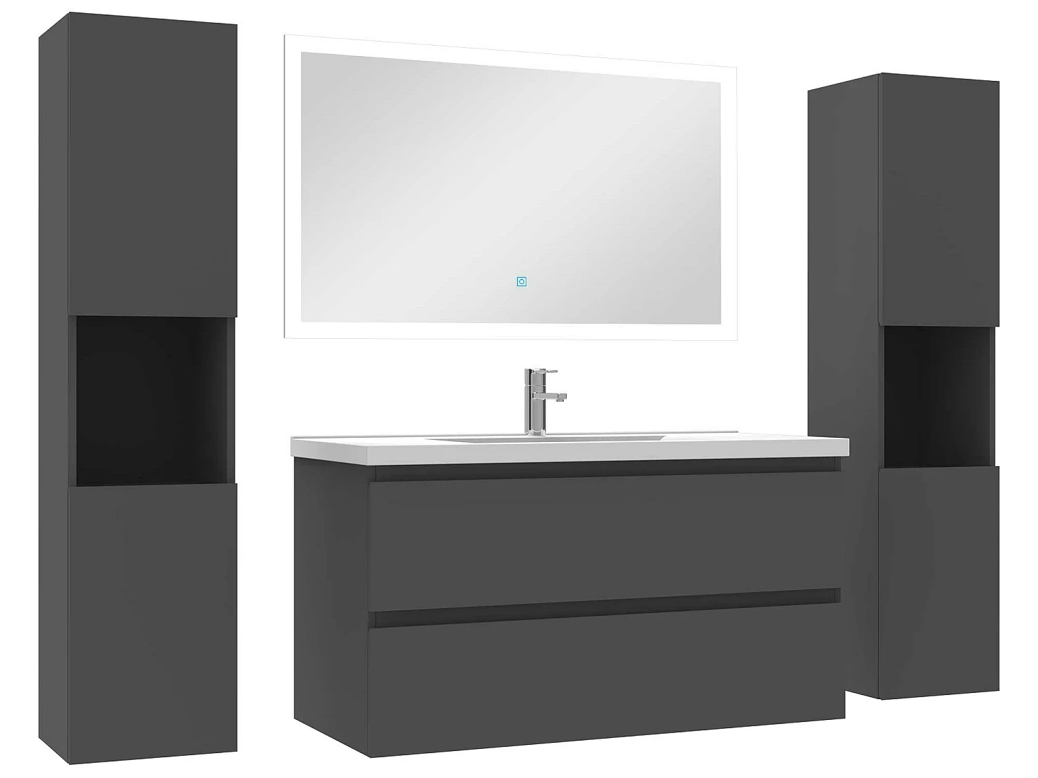 Ensemble meubles Salle de Bain 100cm vasque et colonnex2 et LED miroir Anthracite