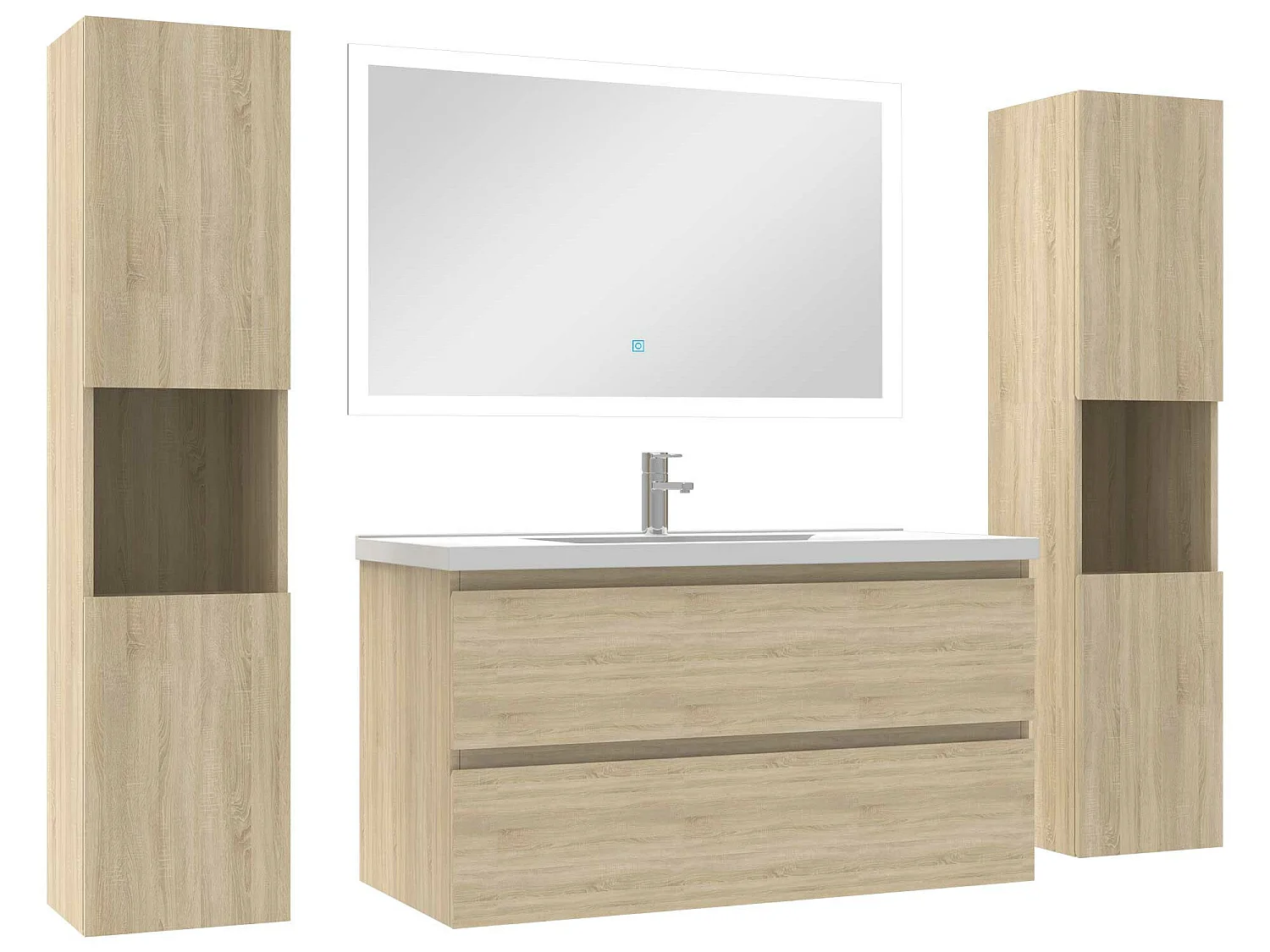Ensemble meubles Salle de Bain 100cm vasque et colonnex2 et LED miroir Chêne Wotan
