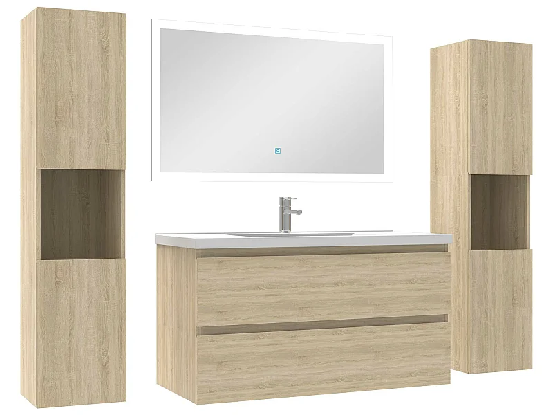 Ensemble meubles Salle de Bain 100cm vasque et colonnex2 et LED miroir Chêne Wotan