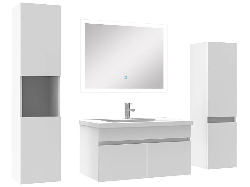 Ensemble meuble vasque 80cm + colonne de rangement + miroir lumineux Blanc