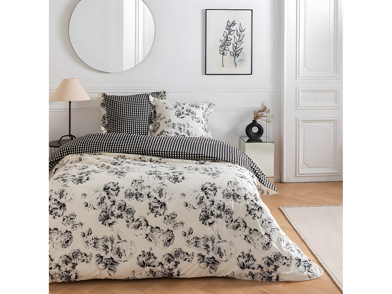 Parure de lit 2 personnes en coton 57 fils imprimé ecru 260x240cm