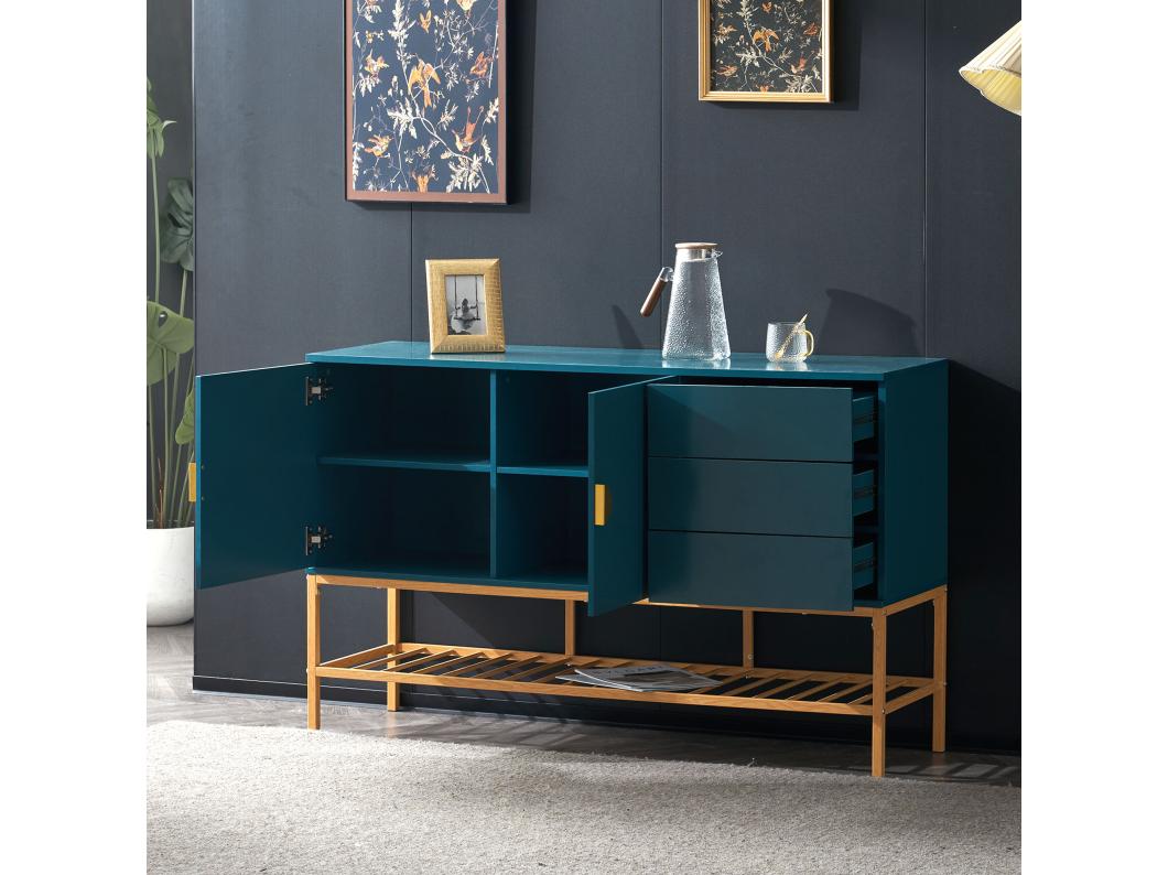 Credenza bassa in MDF - con 3 cassetti e 2 ante - piedini in acciaio dorato - Blu