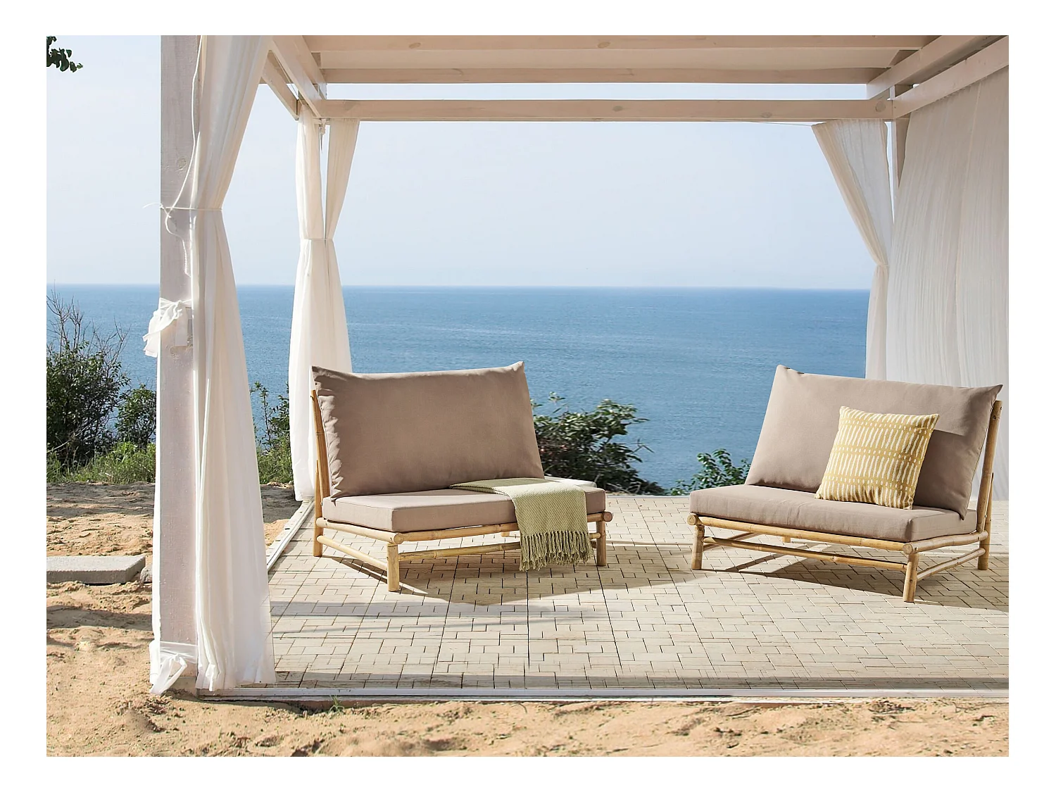 Lot de 2 chaises de jardin avec coussins TODI Bambou Taupe