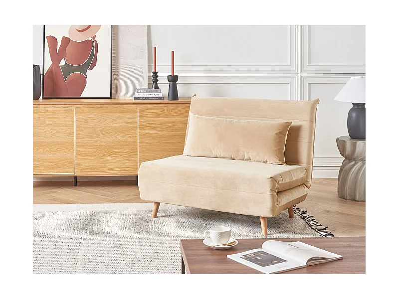 1-Sitzer Schlafsofa Samt beige mit Holzbeinen Kissen verstellbare Lehne Setten