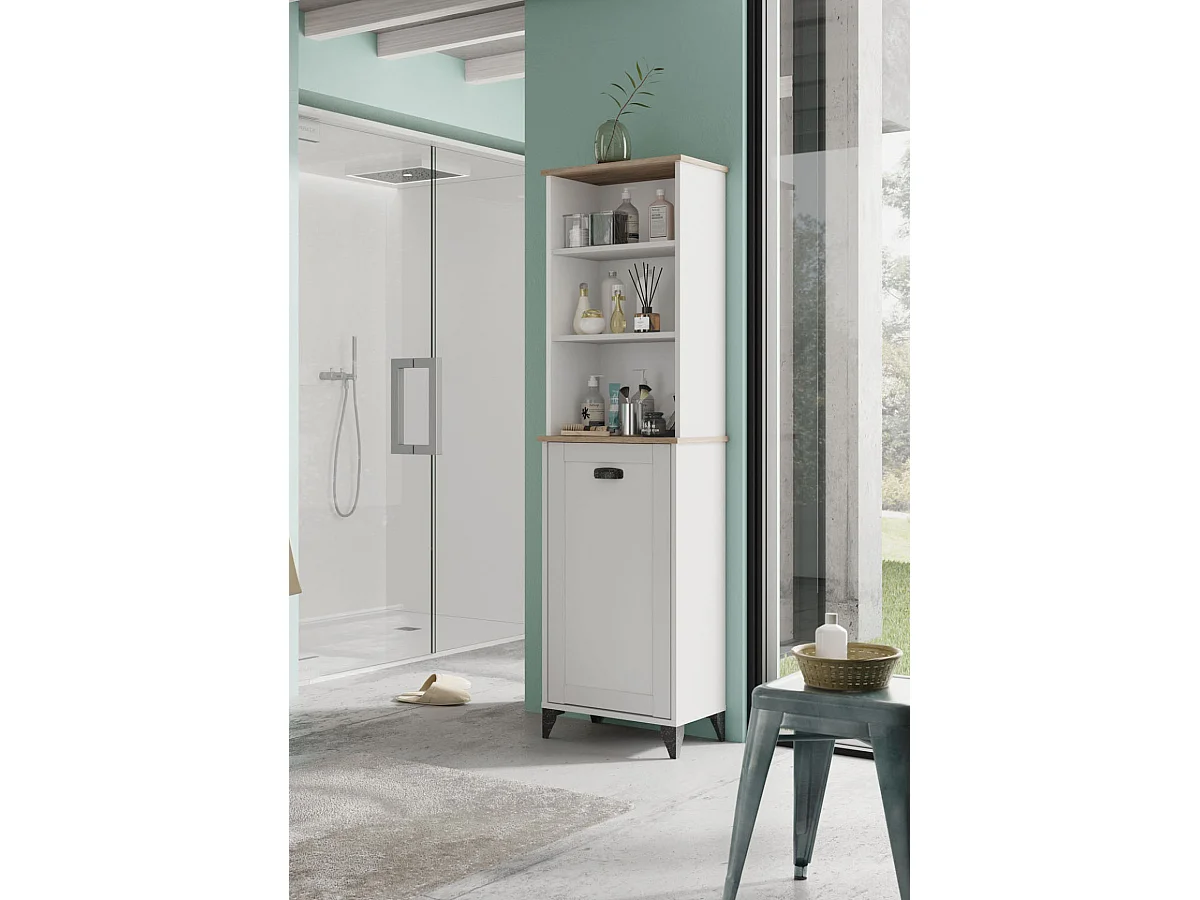 Colonne de salle de bain , meuble de rangement coloris blanc, chêne cambrian