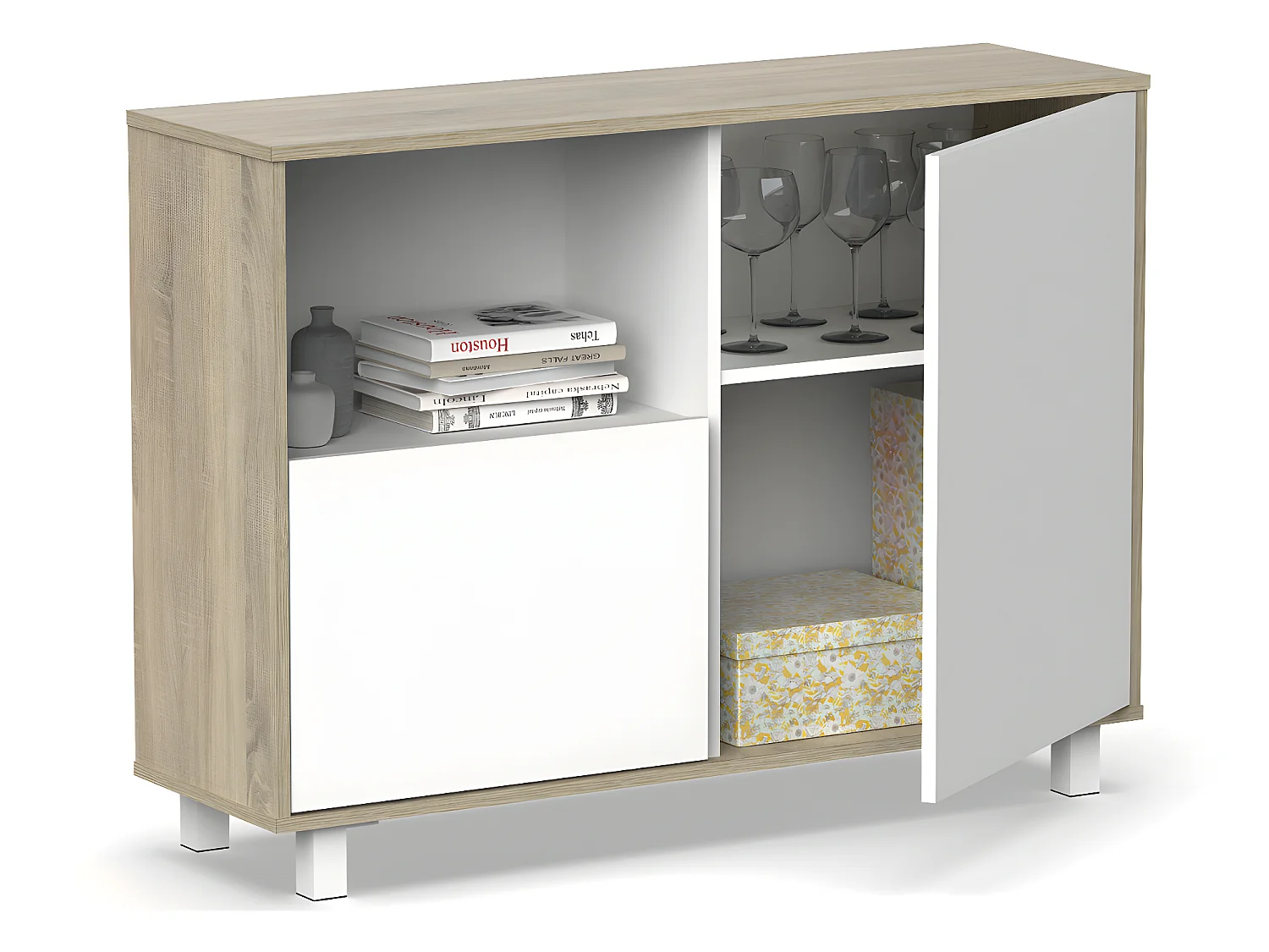 Buffet, commode de salon coloris  chêne cambrian, blanc - L. 112 x L. 33 x H. 83  cm