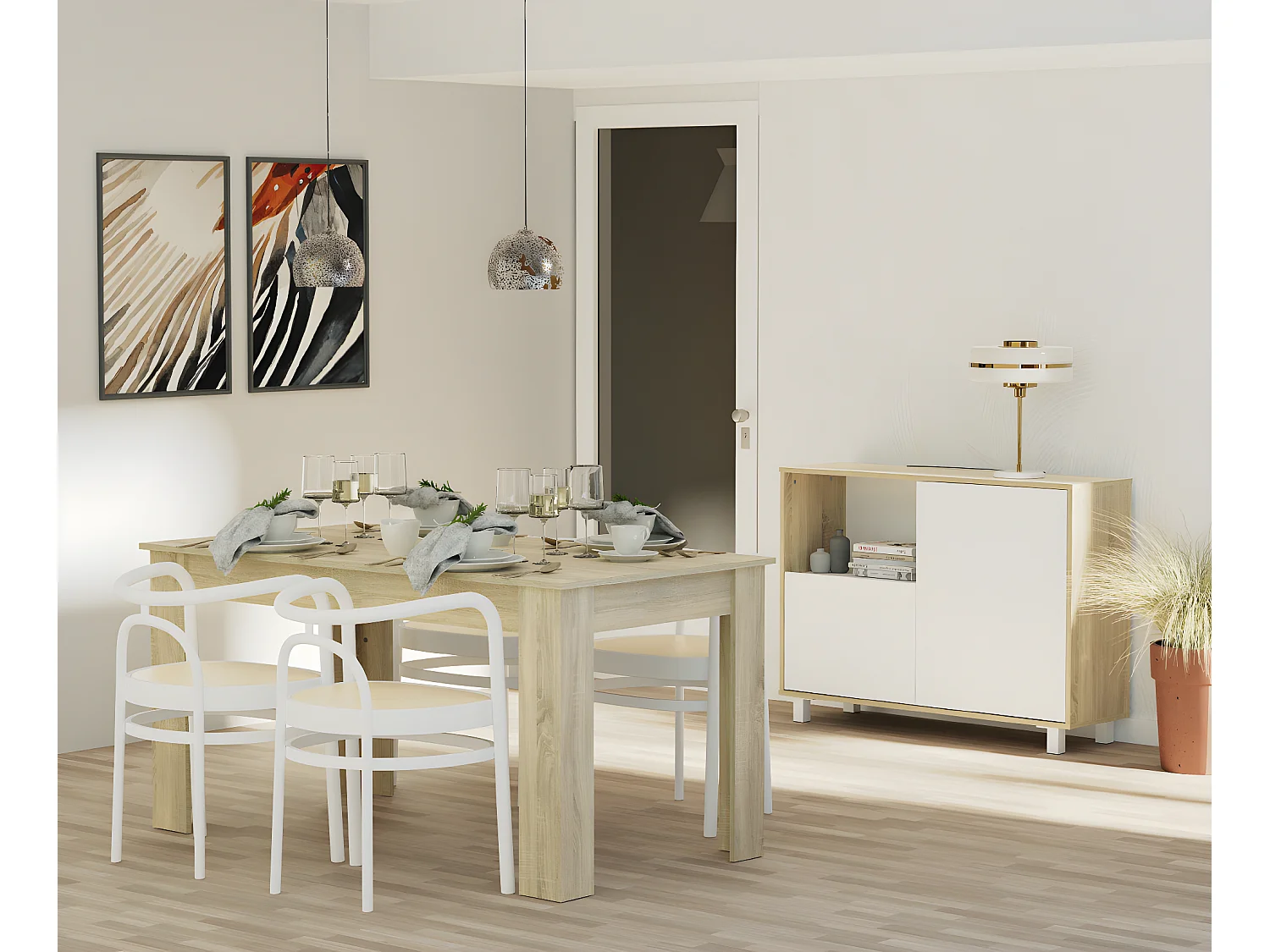 Buffet, commode de salon coloris  chêne cambrian, blanc - L. 112 x L. 33 x H. 83  cm