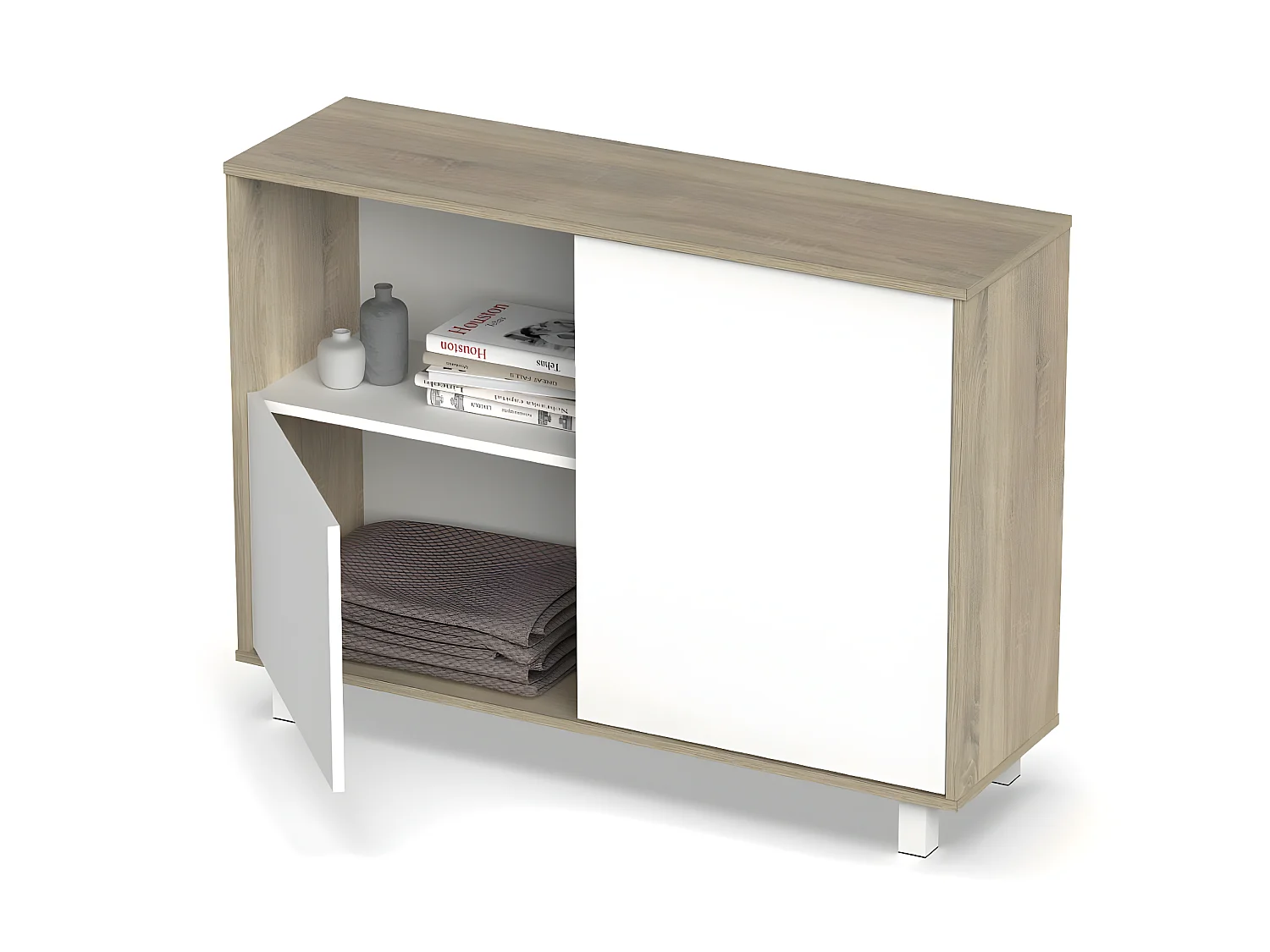 Buffet, commode de salon coloris  chêne cambrian, blanc - L. 112 x L. 33 x H. 83  cm