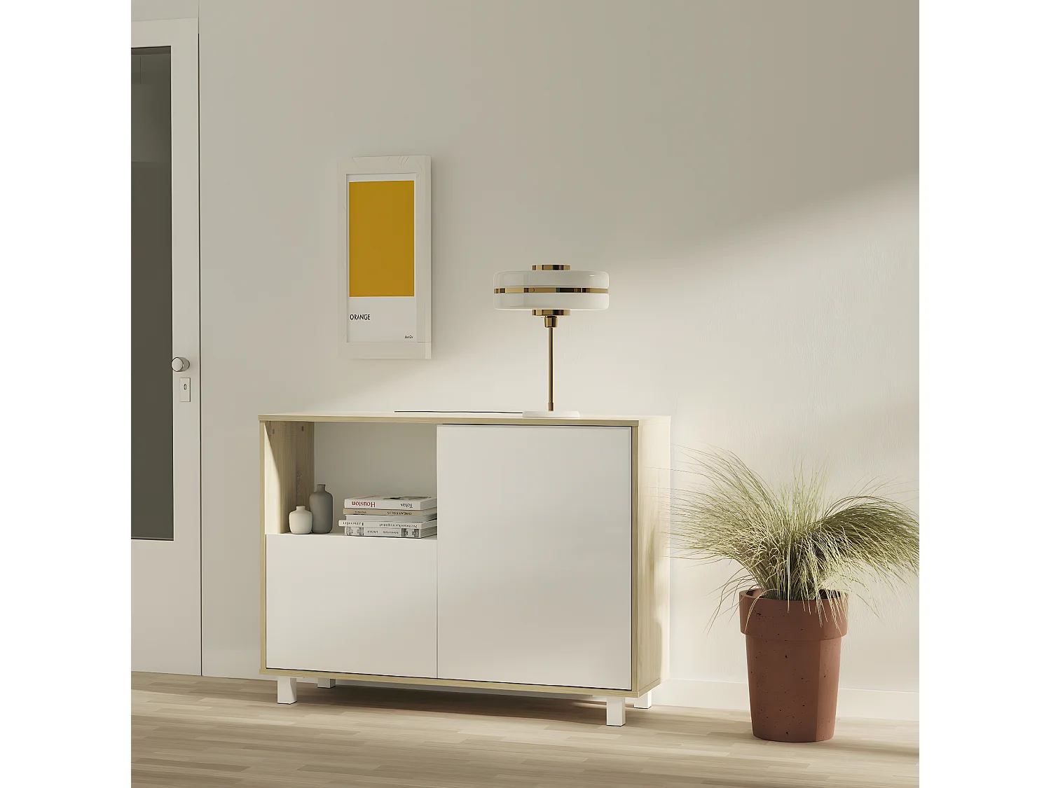 Buffet, commode de salon coloris  chêne cambrian, blanc - L. 112 x L. 33 x H. 83  cm