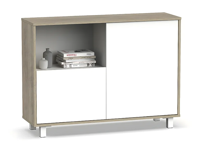 Buffet, commode de salon coloris  chêne cambrian, blanc - L. 112 x L. 33 x H. 83  cm