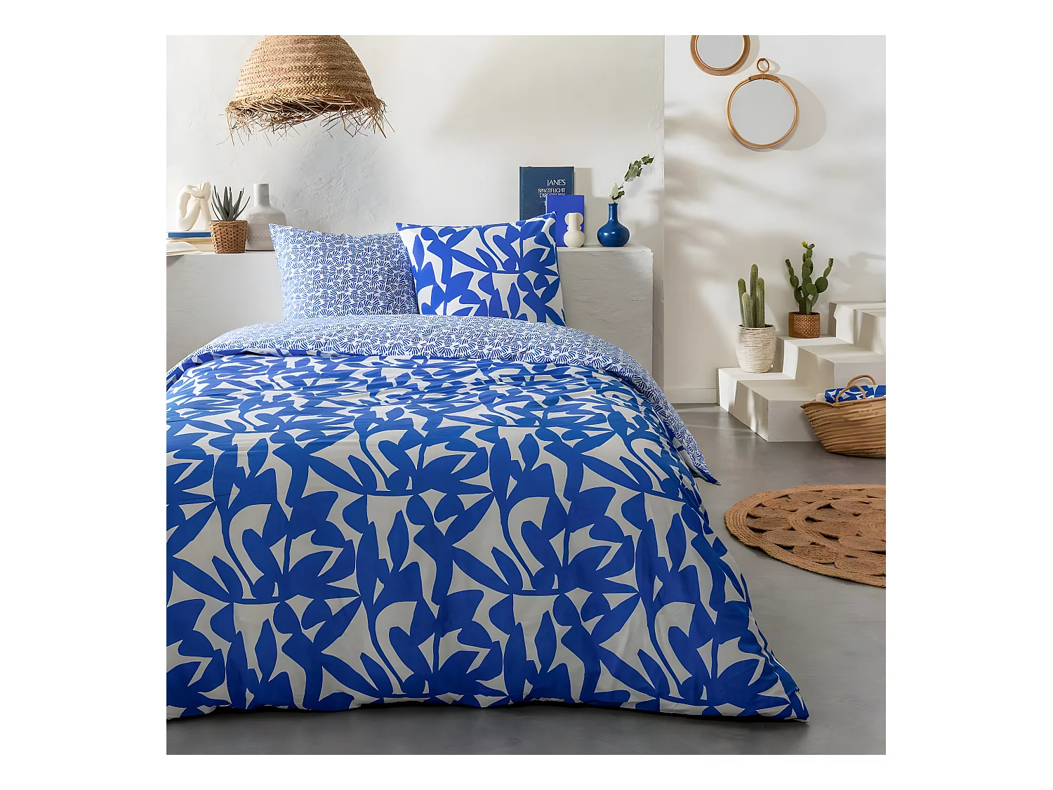 Parure de lit 2 personnes en coton 57 fils imprimé bleu 240x220cm