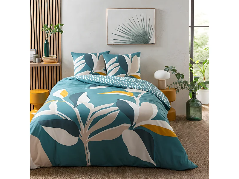 Parure de lit 2 personnes tropical réversible feuilles 240x220cm