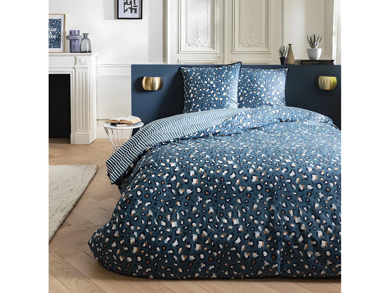 Parure de lit 2 personnes imprimé léopard réversible rayé 260x240cm