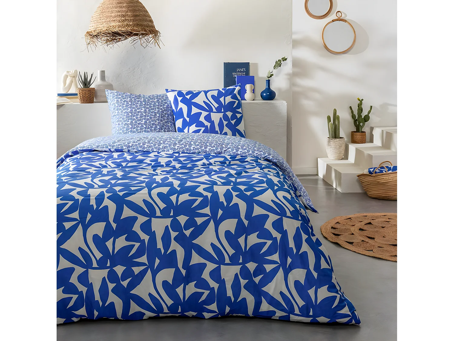 Parure de lit 2 personnes en coton 57 fils imprimé bleu 260x240cm