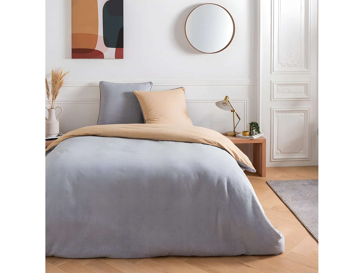 Drap housse en flanelle coton 57 fils uni gris 160x200cm