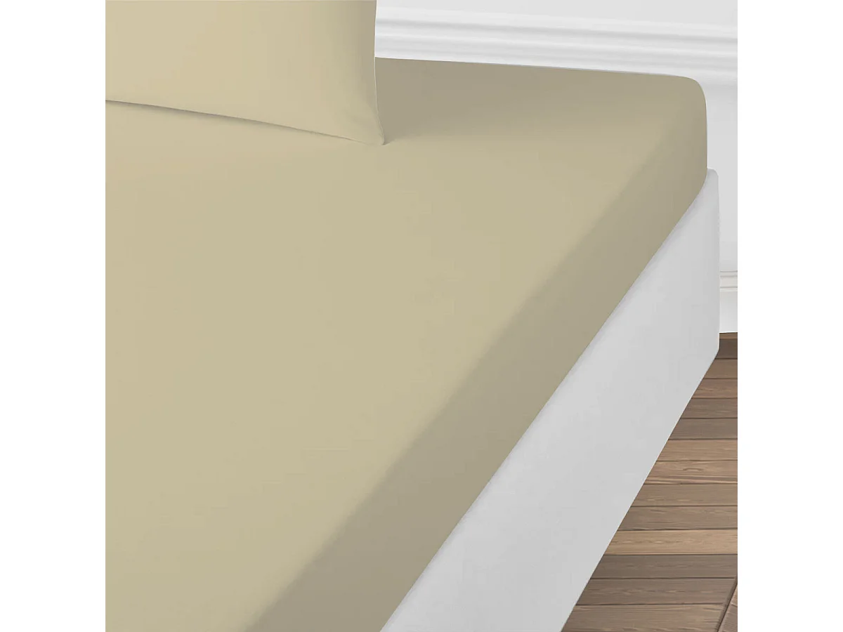 Drap housse uni en coton 57 fils beige 180x200cm
