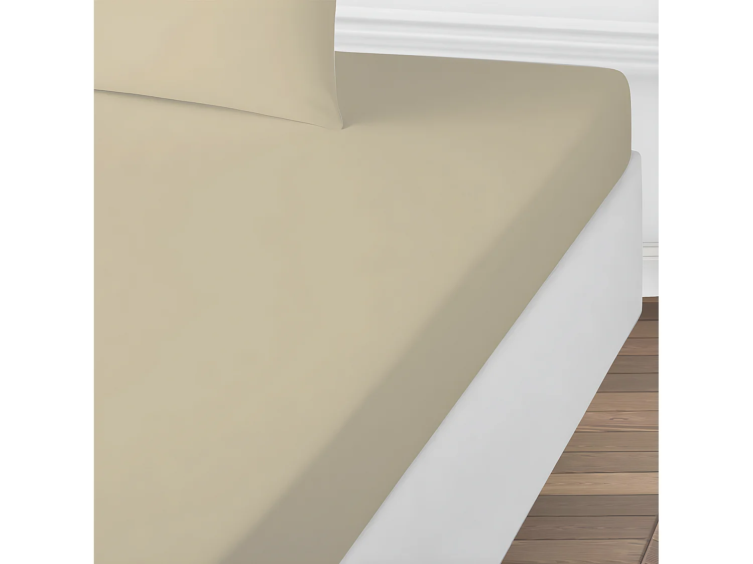 Drap housse uni en coton 57 fils beige 160x200cm