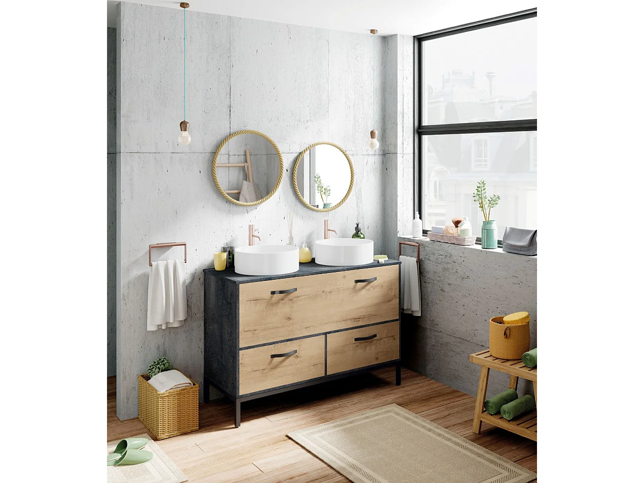 Meuble vasque pour salle de bain coloris imitation marbre, chêne