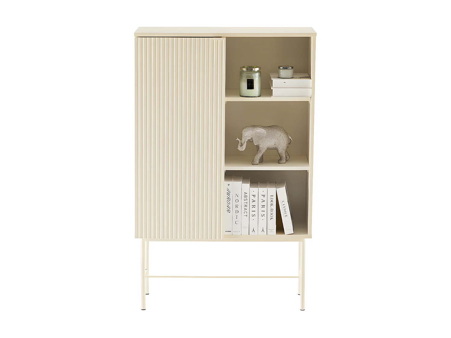Molly - Buffet haut 1 porte, 3 niches en bois et métal H130cm - Crème