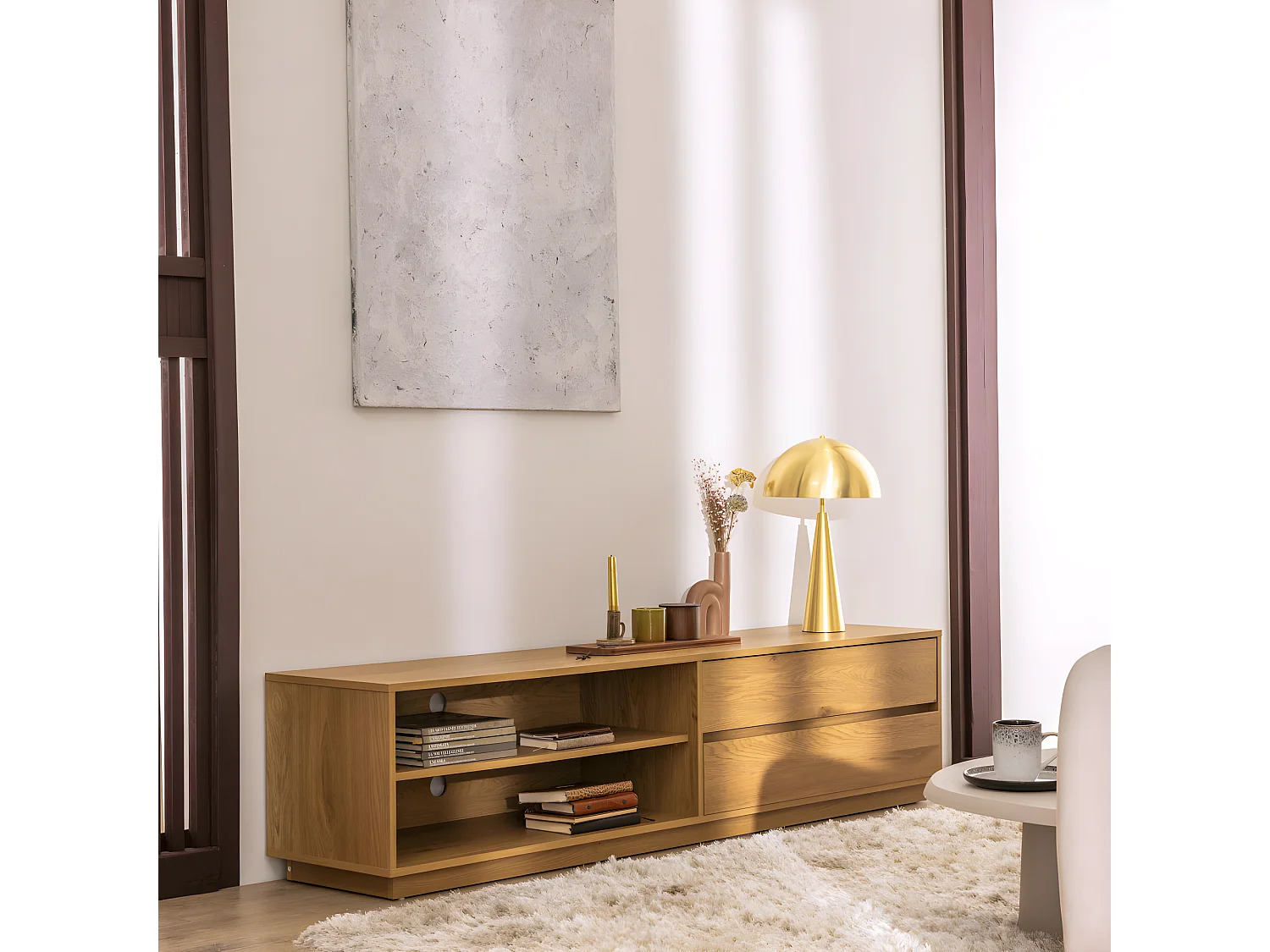 Since - Meuble tv 2 tiroirs, 2 niches en bois L180cm - Bois clair