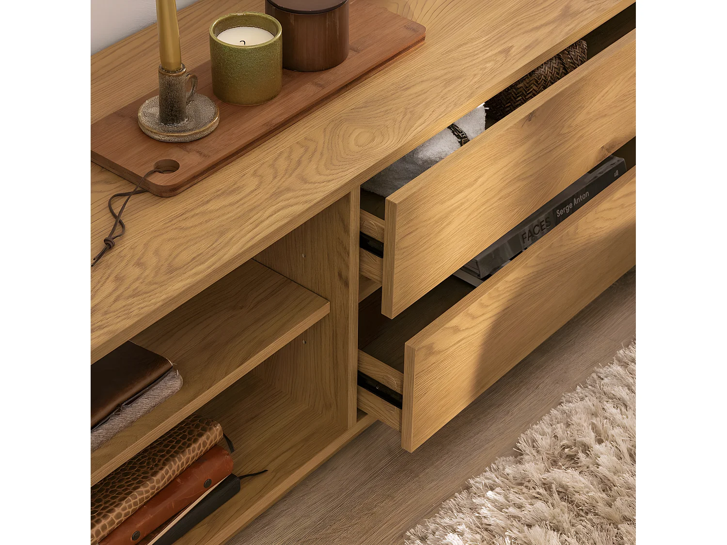 Since - Meuble tv 2 tiroirs, 2 niches en bois L180cm - Bois clair