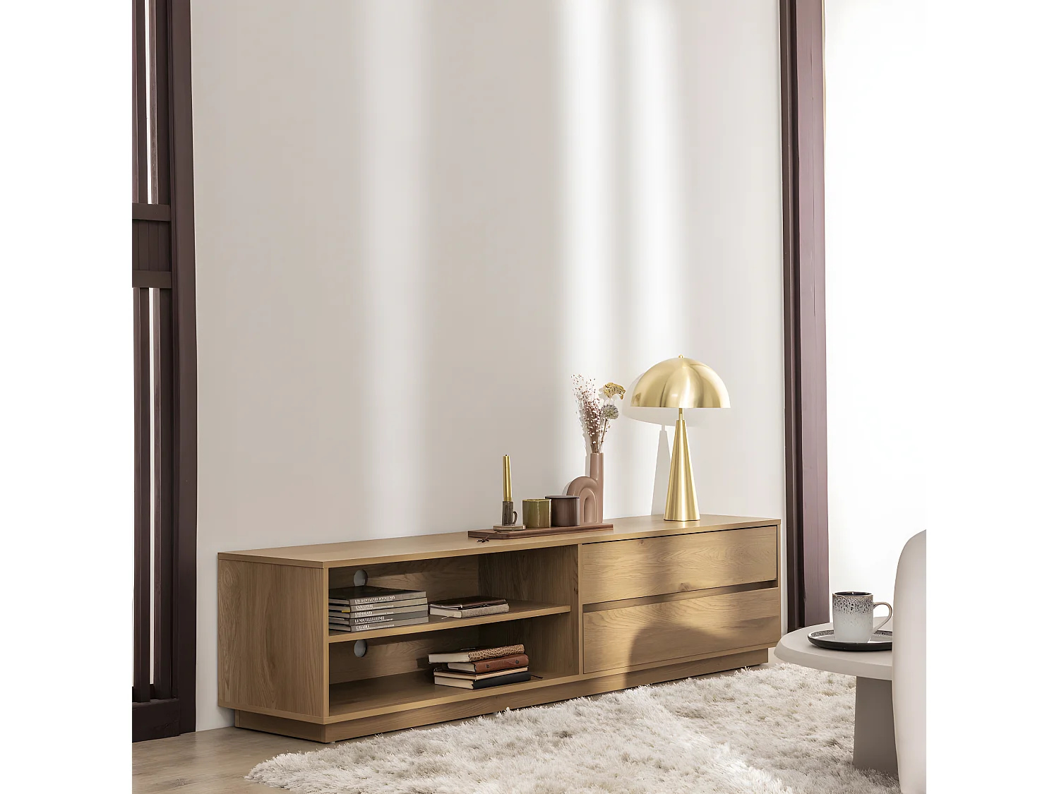 Since - Meuble tv 2 tiroirs, 2 niches en bois L180cm - Bois clair
