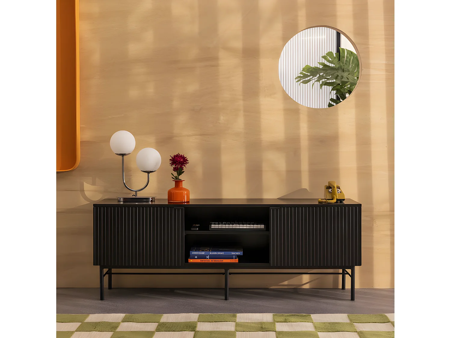 Molly - Meuble tv 2 portes, 2 niches en bois et métal L150cm - Noir