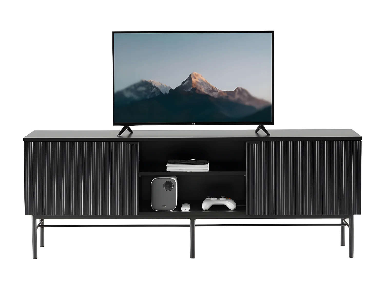 Molly - Meuble tv 2 portes, 2 niches en bois et métal L150cm - Noir