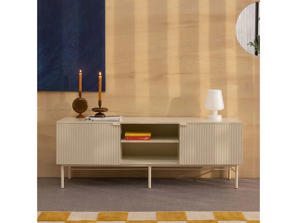 Molly - Meuble tv 2 portes, 2 niches en bois et métal L150cm - Crème