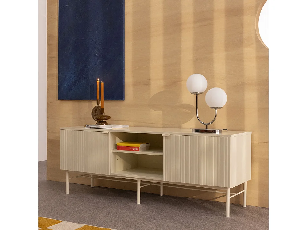 Molly - Meuble tv 2 portes, 2 niches en bois et métal L150cm - Crème