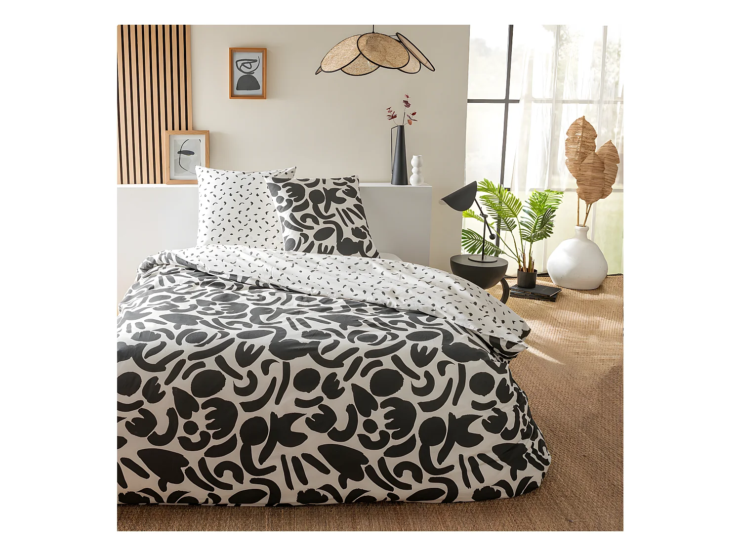 Parure de lit 2 personnes en coton 57 fils imprimé noir 240x220cm