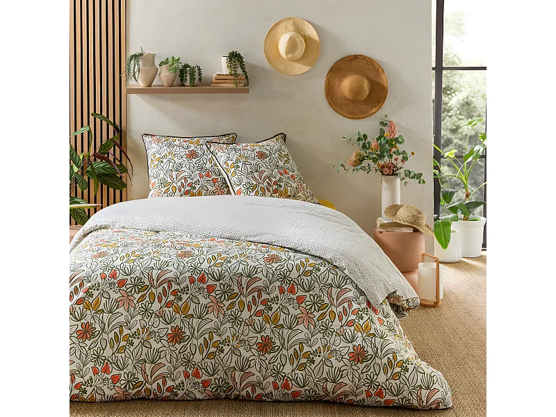 Parure de lit 2 personnes fleurie réversible à pois 240x220cm