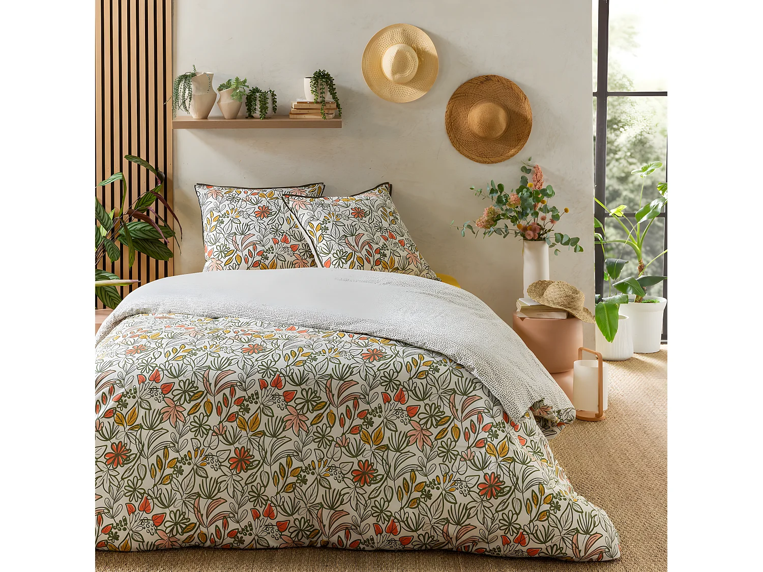 Parure de lit 2 personnes fleurie réversible à pois 240x220cm