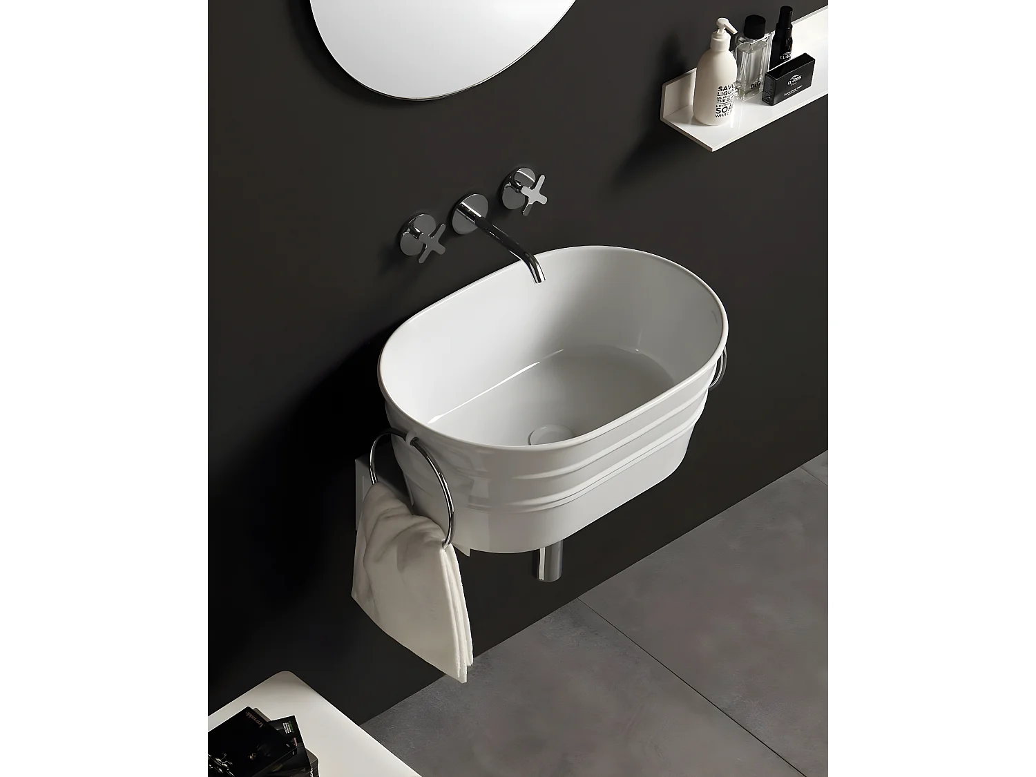 Aufsatzwaschtisch cm 60x40xH25 Tinozza glänzend weiß mit handtuchhalter